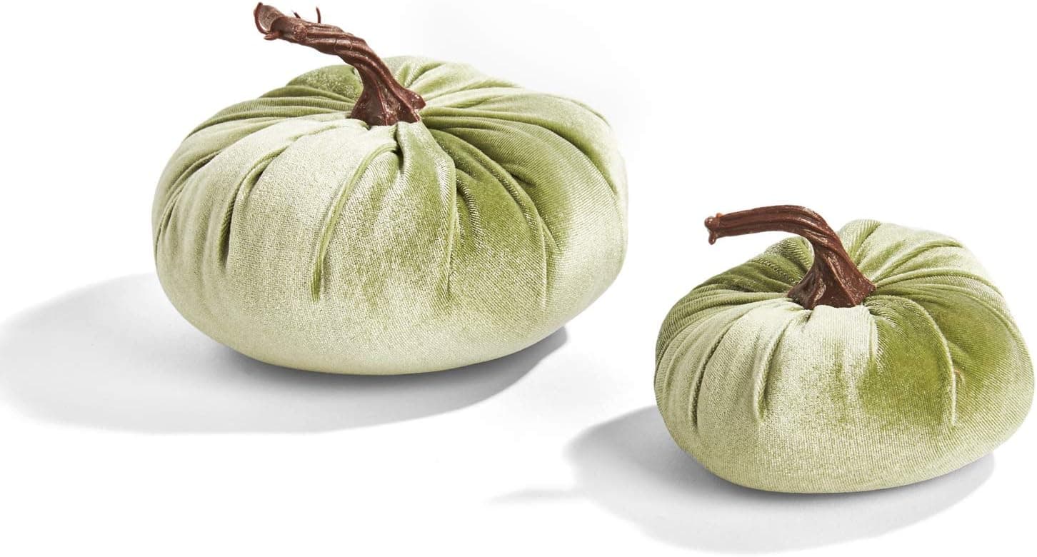 Velvet Pumpkins for Decorating - Set of 2, Plush Green Velveteen Fabric with Realistic Stems, 5 Inch and 7 Inch Diameter, Rustic Table Decoration, Halloween or Farmhouse Home Decor