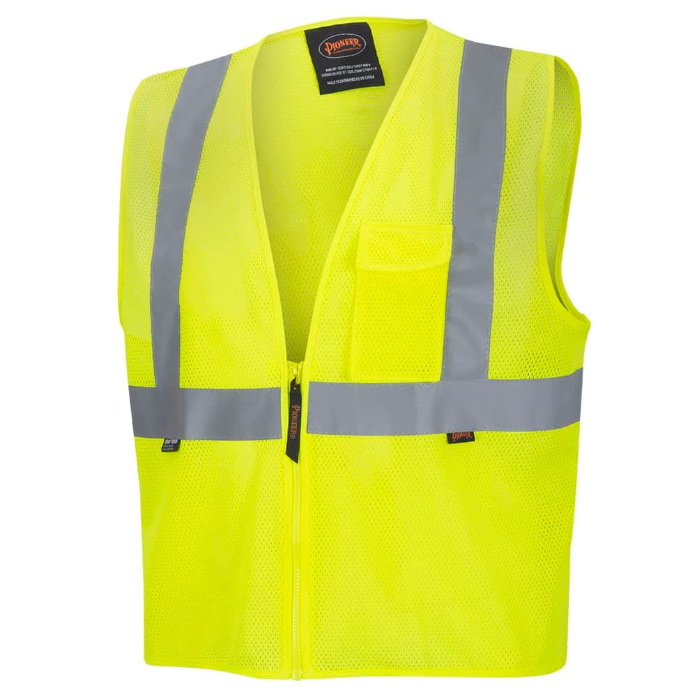 Pioneer High Visibility Tricot Mesh Zip-Up Safety Vest, Hi Vis Reflective Tape, Yellow/Green, Unisex, M, V1060360U-M
