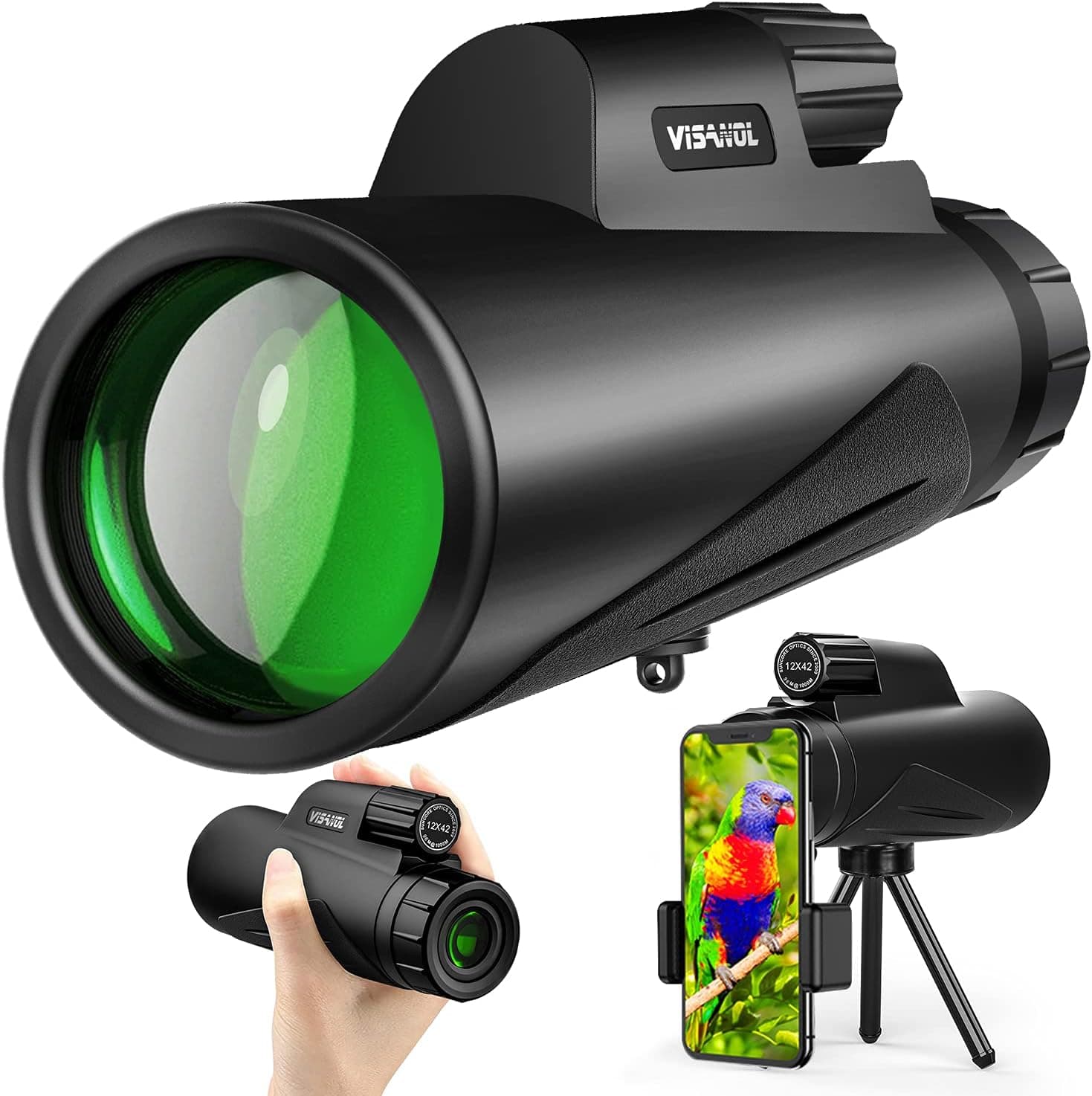 Visanol Monocular Telescope, Monocular for Adults 12x42 High Power BAK4 Zoom Monocular Scope with Smartphone Holder & Tripod for Bird Watching Hunting Camping Hiking Wildlife