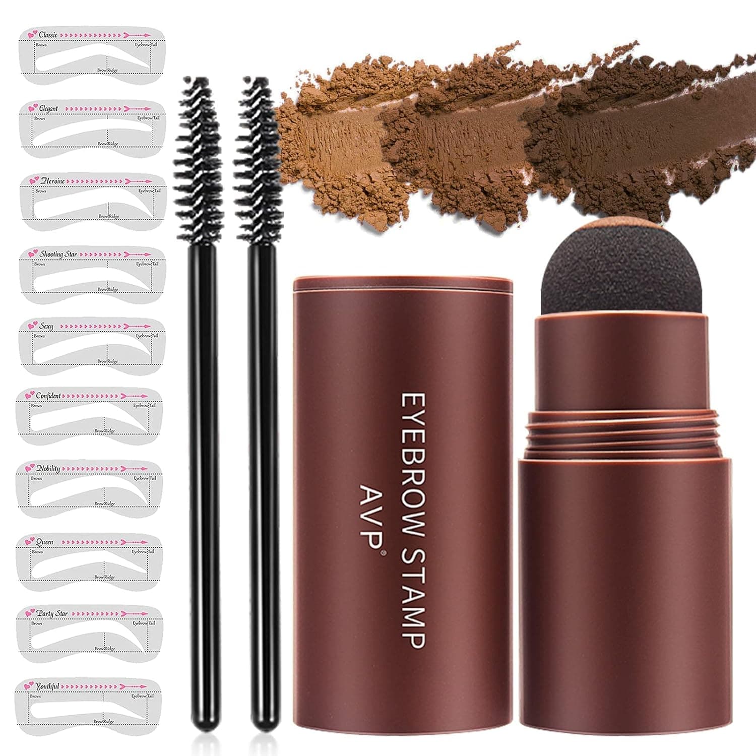 Eyebrow Stamp Stencil Kit- Brow Stamp and Shaping kit, with 10 Reusable Eyebrow Stencil, Long-lasting, Waterproof, Hairline Shadow Powder Stick (Light Brown)