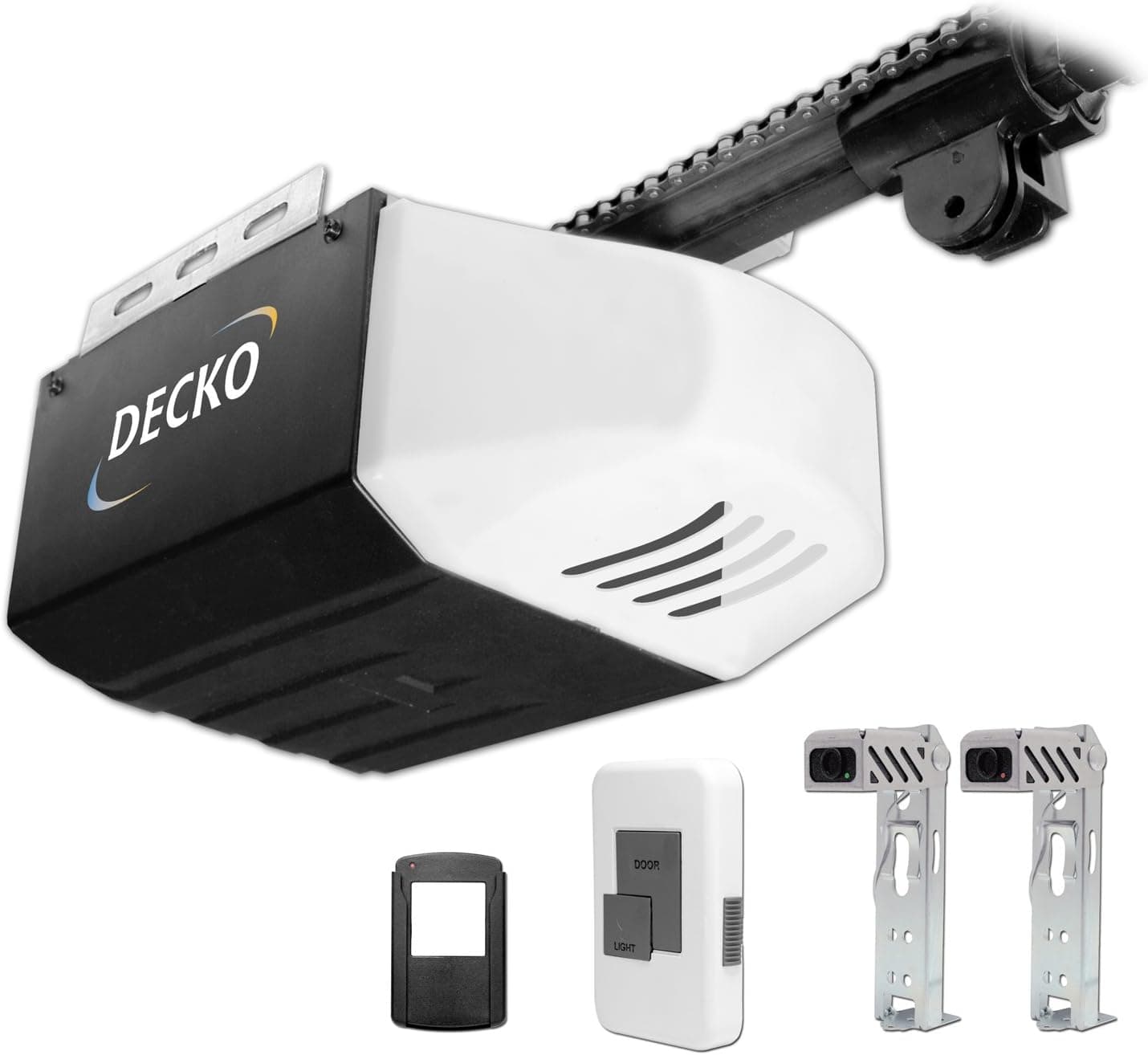 Decko 24000 1/2 Horse Power Reduced Noise Chain Drive Garage Door Opener with 3 Function Locking Wall Control and Single Button Remote