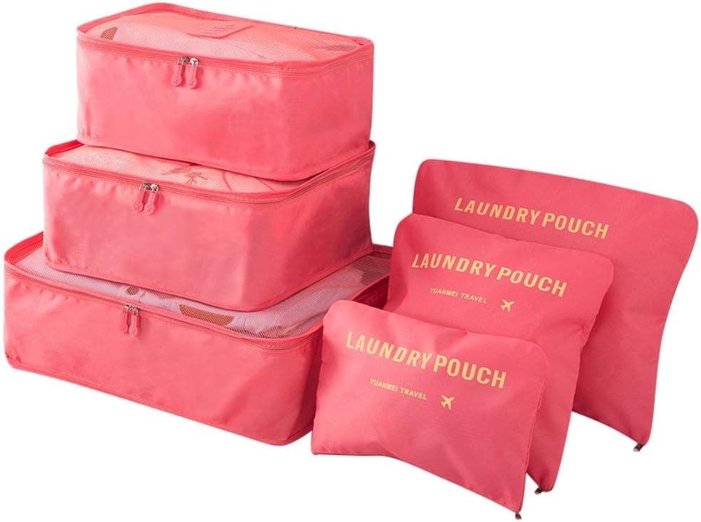 6 pcs Set Travel Luggage Organizer. Travel Clothes Storage Bag-Travel Mesh Pouch -Laundry Bag-Travel Packing Organizer-Clothing Sorting Package- Travel Shoe Bag (Pink)