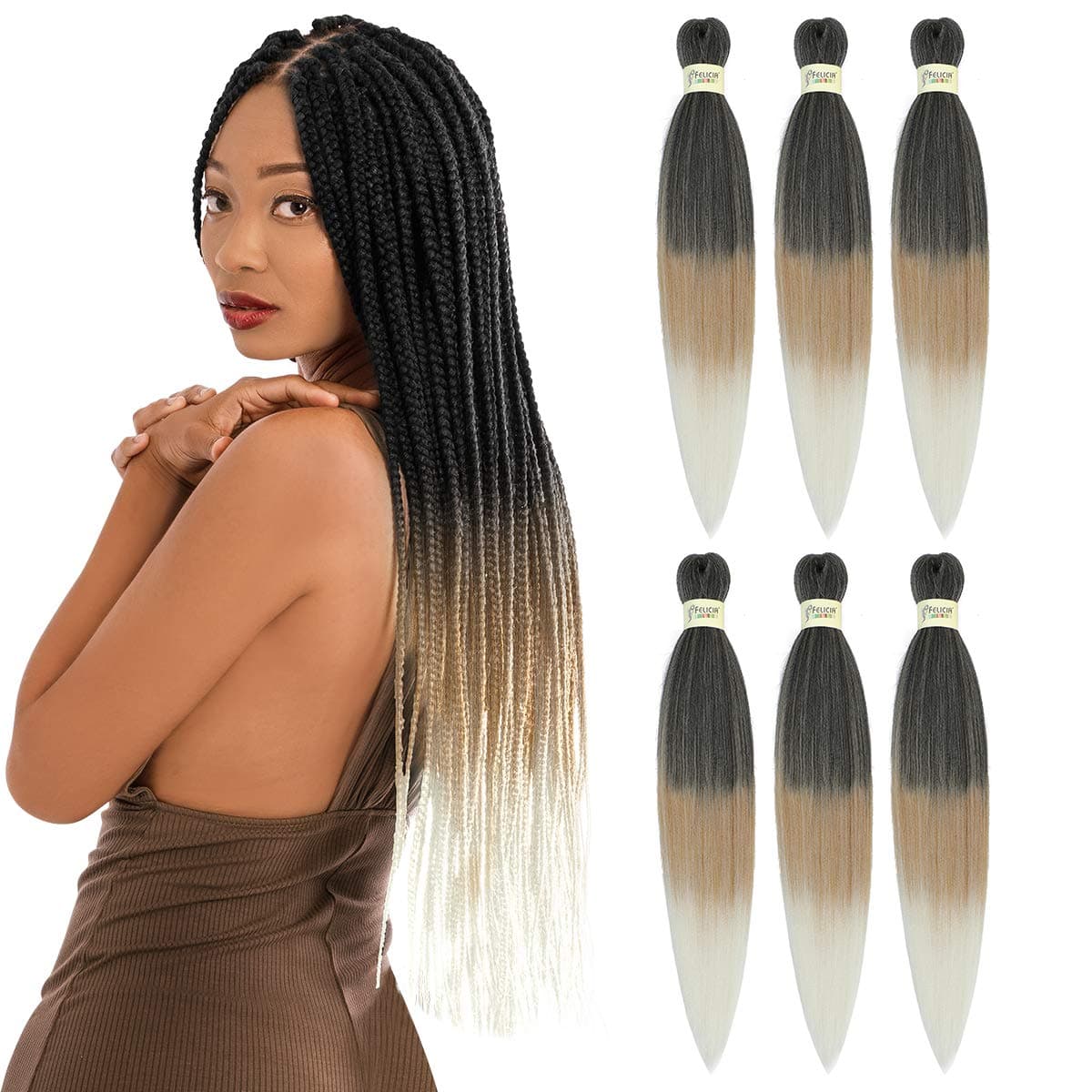 Pre Stretched Braided Hair, 6 Packs / Batch 24 Inch Professional Non Itchy Hot Water Setting Professional Crochet Fiber Yaki Synthetic Hair for Twist Braids 1B/27/613#