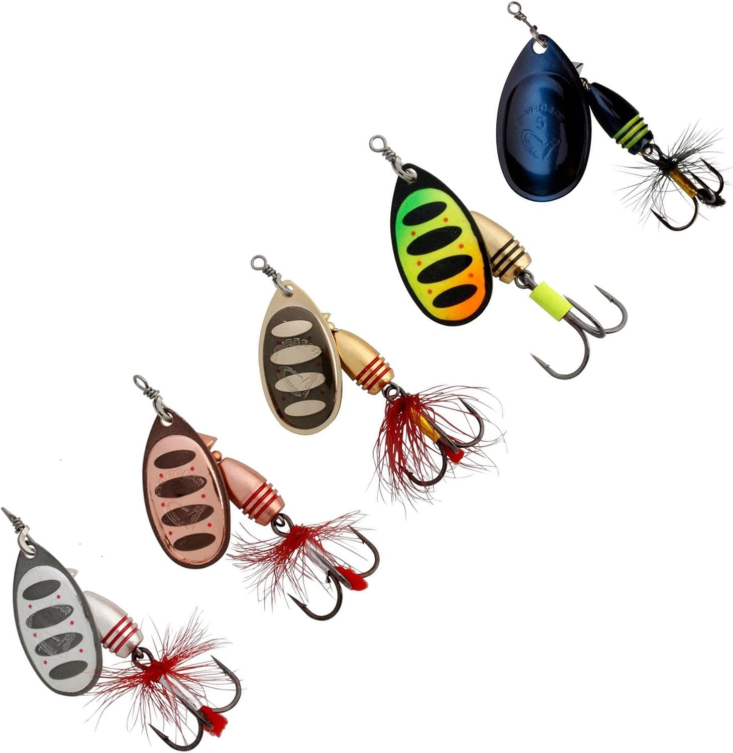 Fishing Spinners Set of 5, Best selections from Mepps, Savage Gear, Blue Fox, Rublex - Best Lures for Bass, Trout, Salmon, Crappie and Musky Fishing