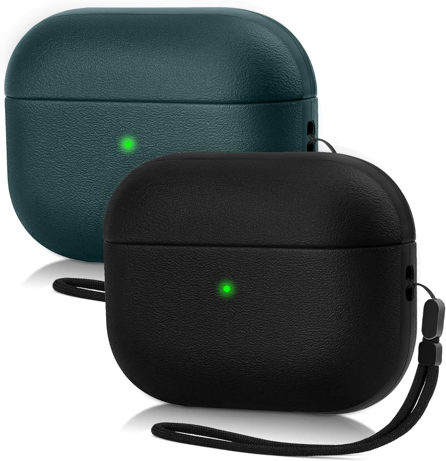 Upgrade Airpods Pro Case Cover, Leather Texture Full-Body Protective Case Cover for Apple Airpods Pro,Wireless Charging and Front LED Visible (Matte Black&Midnight Green)