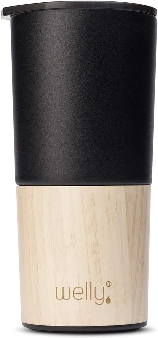 Welly 16oz Black Tumbler | Vacuum Insulated Stainless Steel Bamboo | Triple Wall, Wide Mouth, BPA Free