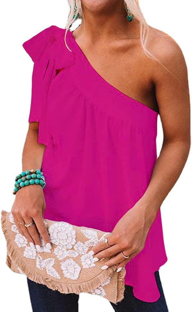 Guteidee Womens One Shoulder Tops Casual Tie Bow Knot Sleeveless Blouse Tunic Shirts