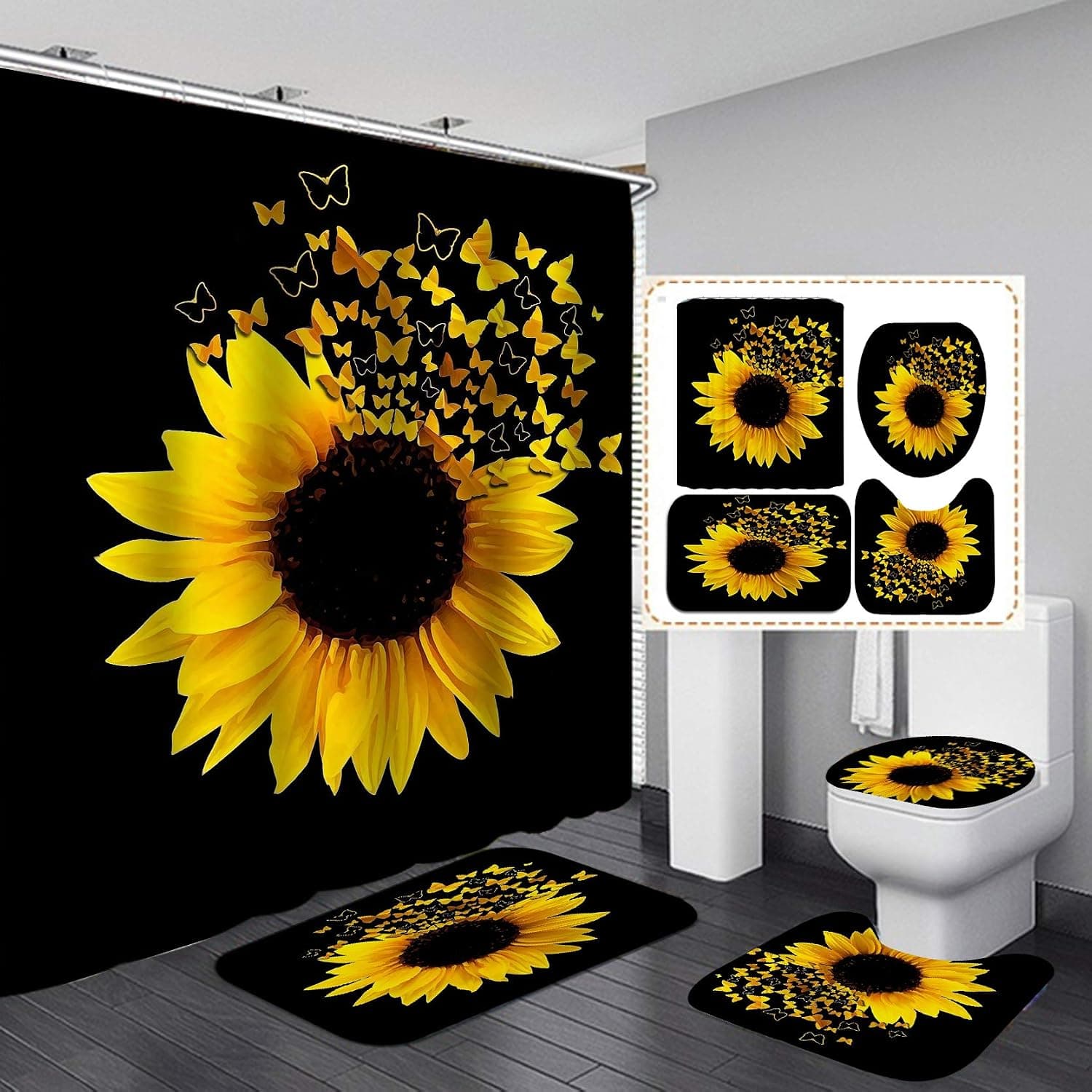 Jayden&Madge 4PCS/Set Magic Butterfly Sunflower Shower Curtain Flower Bathroom Set, Waterproof Fabric Cloth Bath Curtain, Non-Slip Bathroom Rugs Toilet Rug Bath Mat, Floral Bathroom Decor, Butterfly