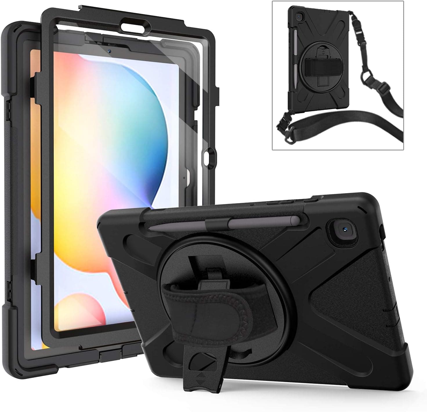 TSQQST Samsung Galaxy Tab S6 Lite Case 10.4 Inch 2022/2020 (SM-P610/P613/P615/P619) with Screen Protector Pen Holder | Heavy Duty Rugged Cover with Stand&Strap Kids Case for Tab S6 Lite-Black