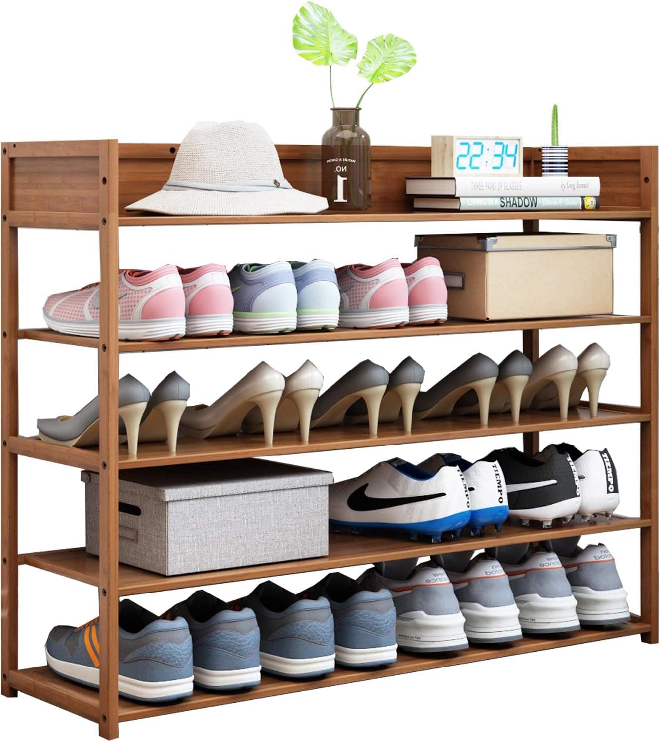 Suwoic Shoe Rack Organizer Bamboo，5 Tier Shoe Rack for Entryway, Front Door Shoe Rack Storage, Shoe Shelf Organizer, for Entryway,Closet and Bedroom, Save Space (5-Tier-39.4'')