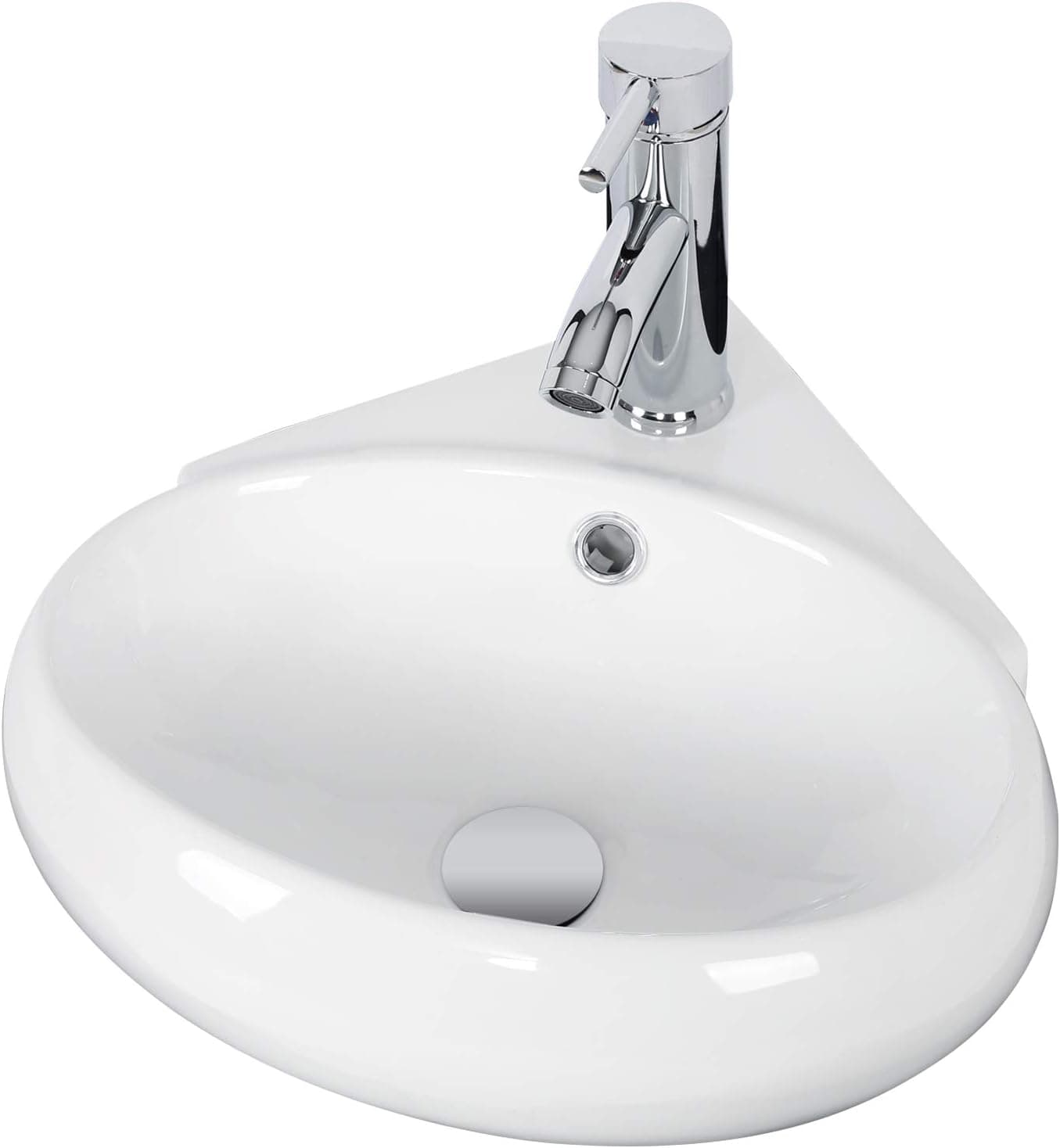 White Ceramic Triangle Bathroom Wall Mount Sink Corner Sink with Single Faucet Hole and Overflow