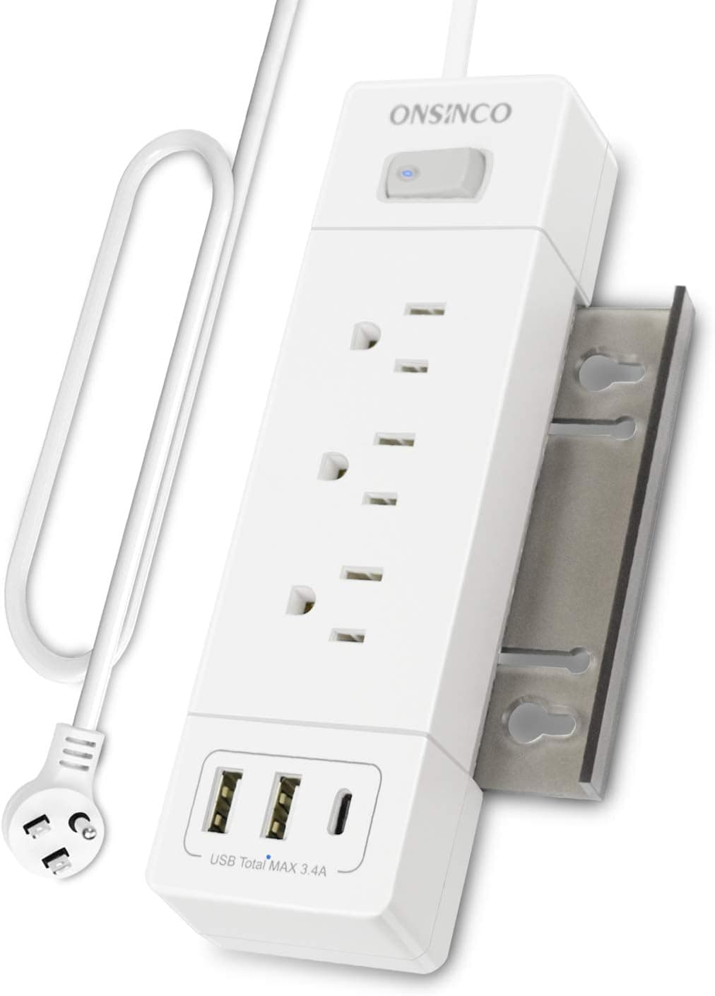 USB Power Strip Surge Protector Long Extension Cord 5 feet, 3 Outlets, 3 USB Ports (Total 3.4A/17W MAX), Overload Protection, Hangable Power Strip for Home Office, 1875W/15A (White 2)