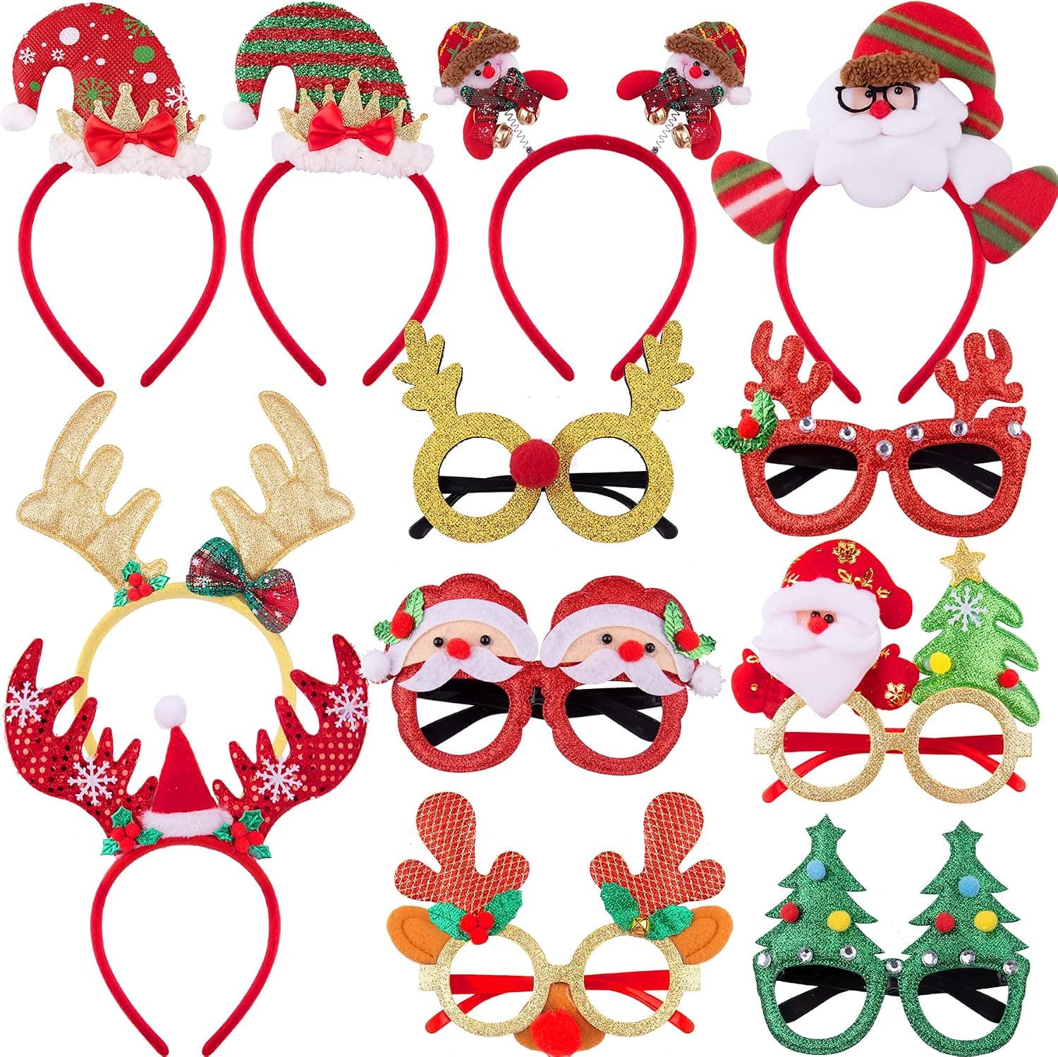 SIQUK 12 Pieces Christmas Headbands Christmas Glasses Frame Funny Reindeer Costume Headband Christmas Tree Eyelasses Party Favors for Christmas