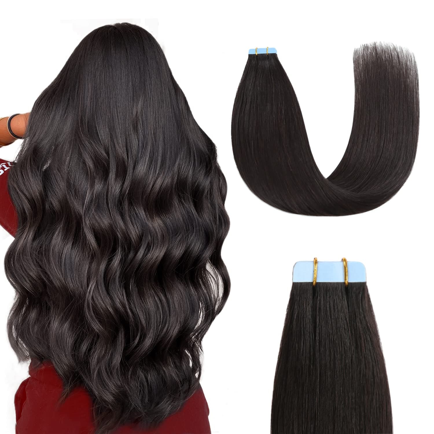 Sunya Tape in Hair Extensions 20 inches Silky Straight Remy Human Hair Seamless Skin Weft Tape in Human Hair Extensions 20 inches #1B Natural Black 50 Gram 20Pcs/Pack Thick Hair