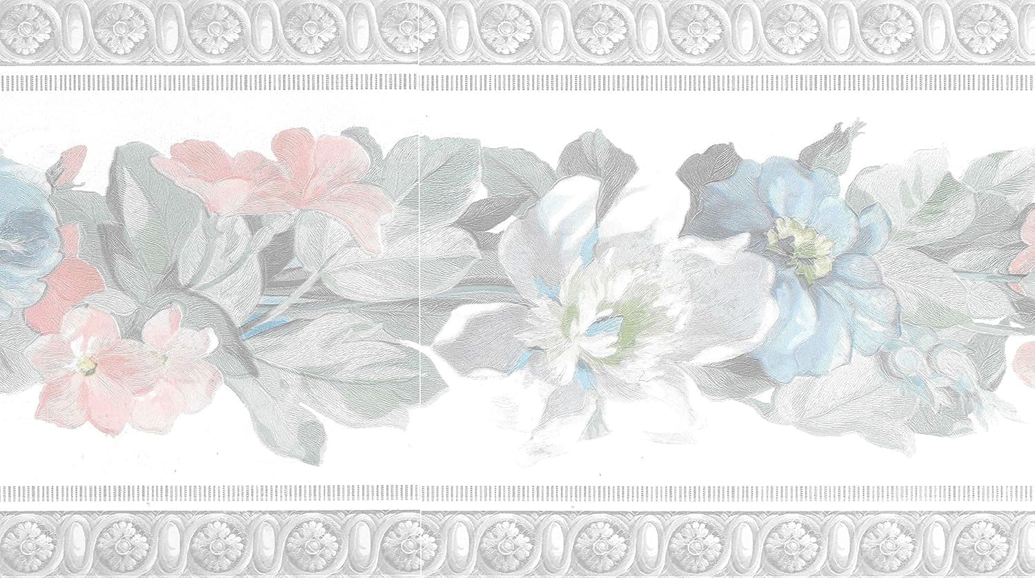 Dundee Deco BD6171 Prepasted Wallpaper Border - Floral Pink, Green, Blue, White Flowers on Vine Wall Border Retro Design, 15 ft x 6.75 in (4.57m x 17.15cm)