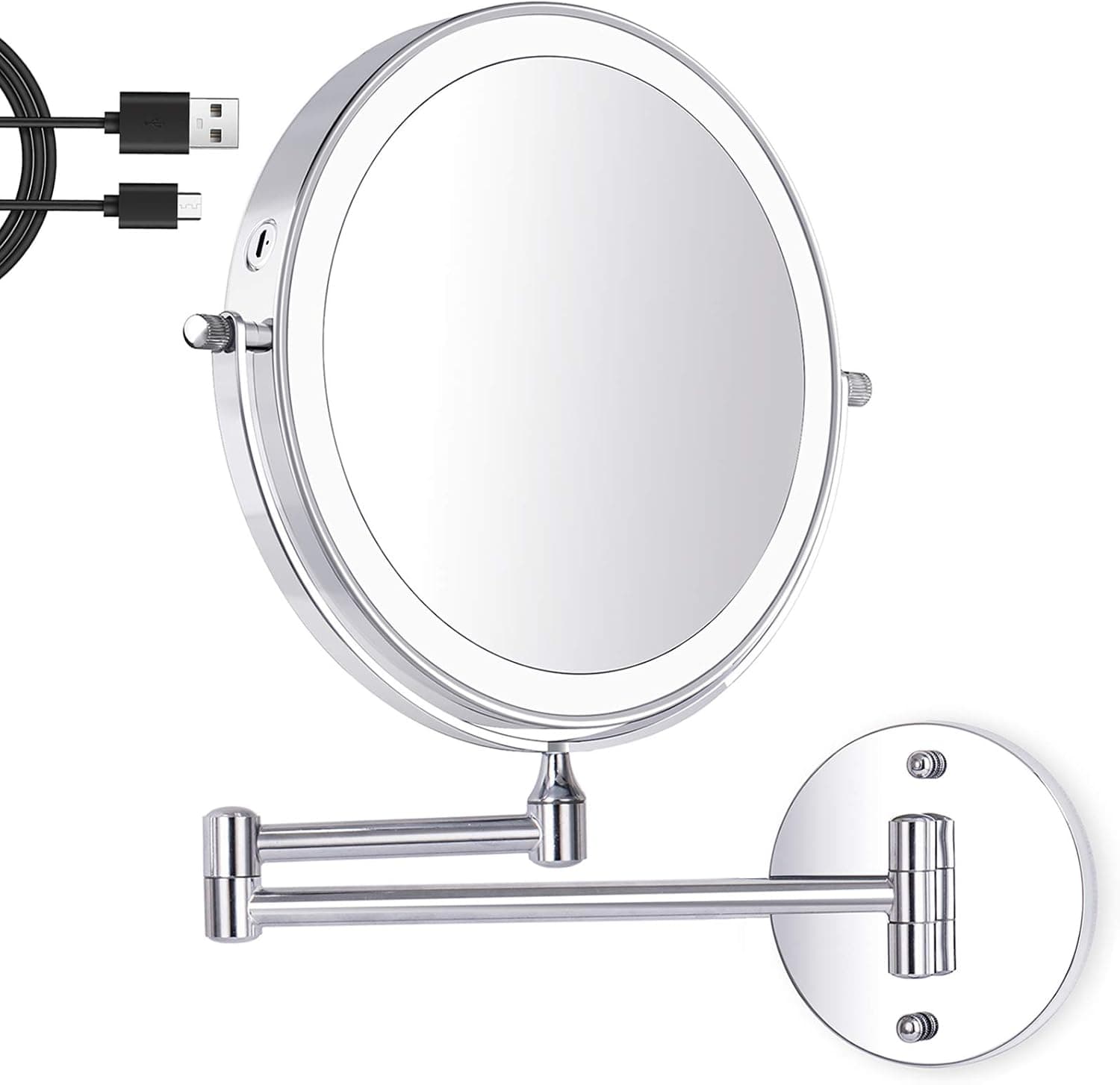 Amelar 8 Inch Wall Mounted Makeup Mirror USB Rechargeable LED 3 Color Lights Two Sided 1X/10X Magnifying Mirror Touch Switch Intelligent Shutdown 360° Swivel Vanity Mirror for Bathroom Hotel(Silver)