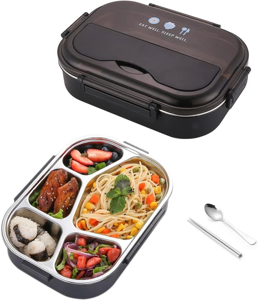 Tinaforld 304 Stainless Steel Thermal Lunch Box Leakproof Food Storage Containers, Bento Box for Adults,Men,Women (M-5 Grids, Black)