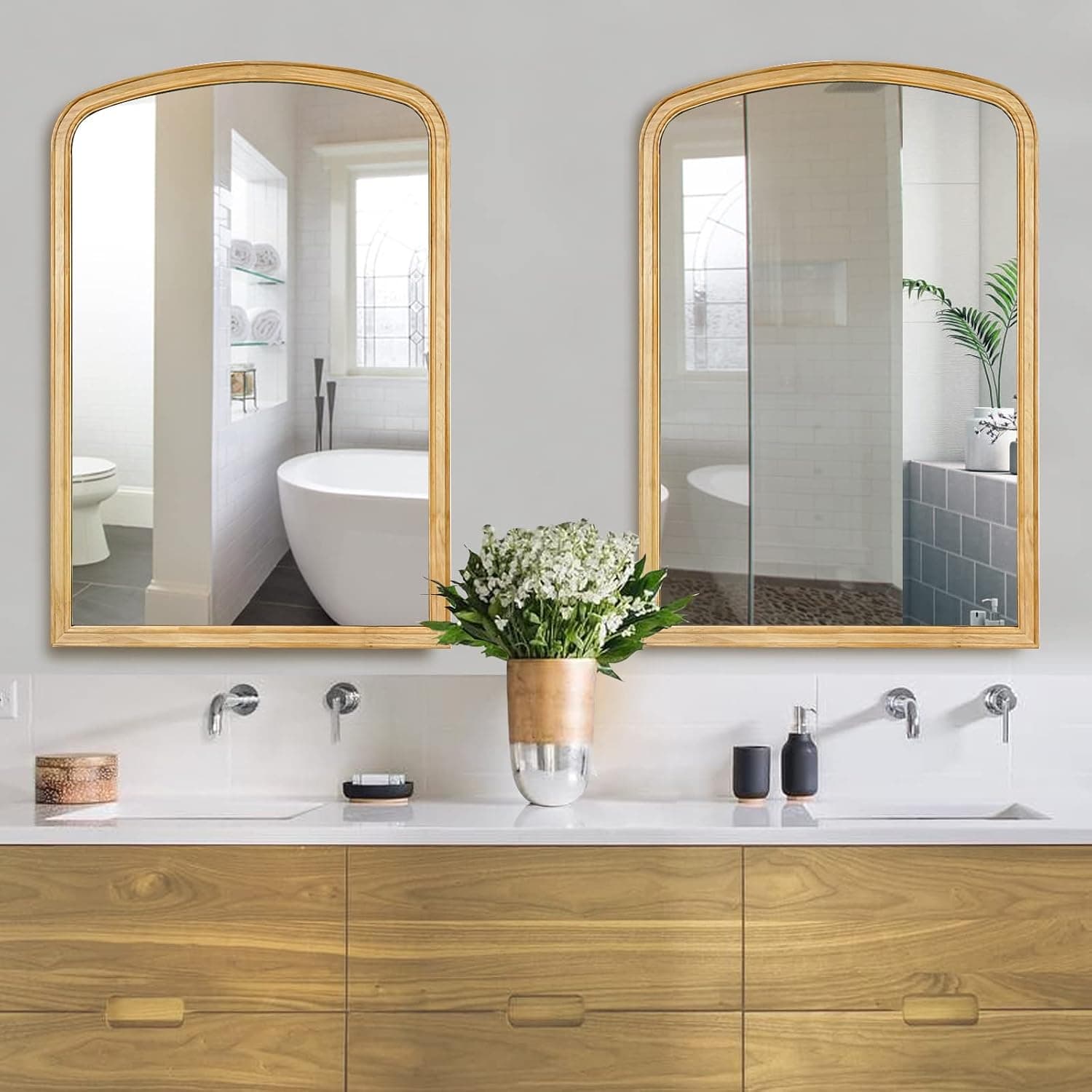 WallBeyond 2 Pack Wooden Framed Arch Mirror, 24" x 36" Farmhouse Arched Bathroom Wall Mirror for Wall Decor, Entryway, Living Room and Bedroom