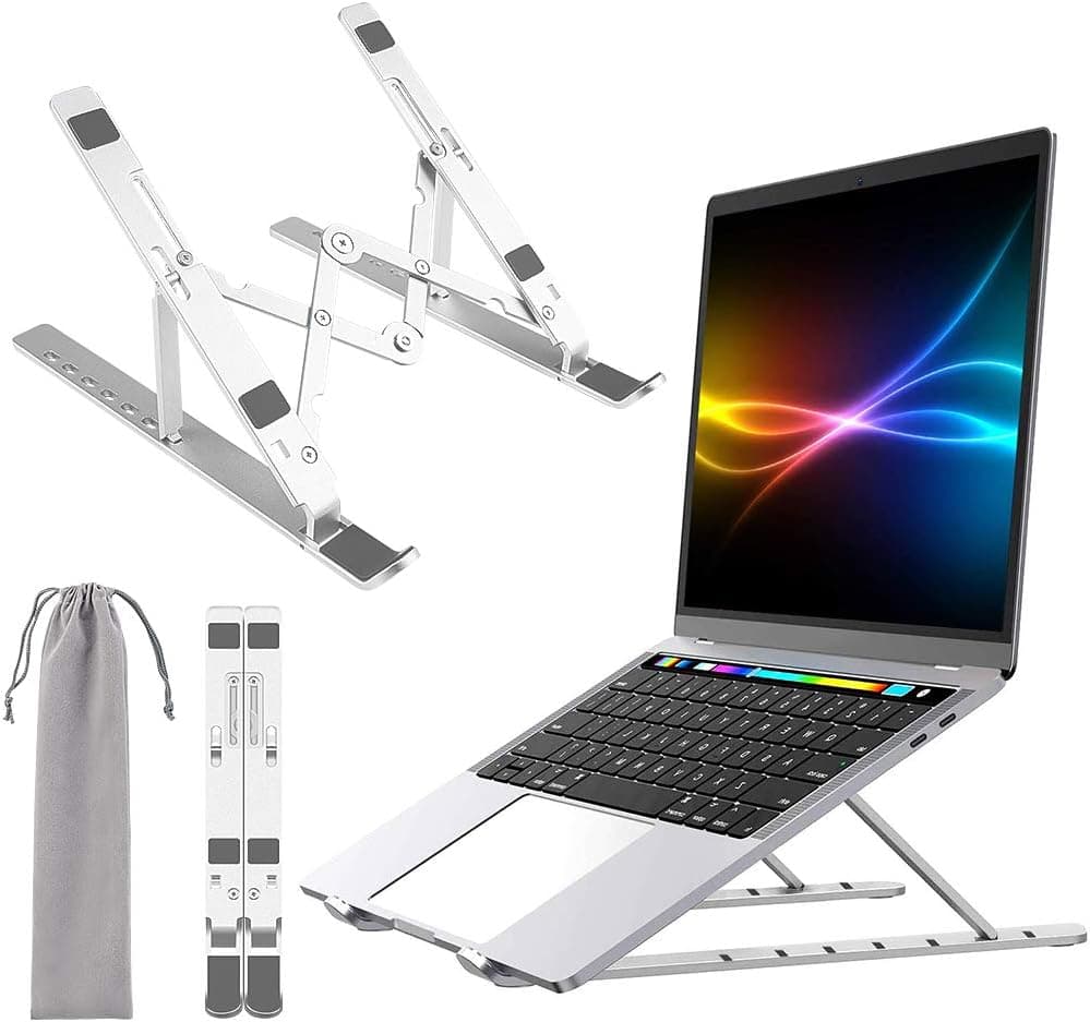 Laptop Stand, Shinemefly Portable Laptop Riser Holder Computer Stand, Aluminum 7-Adjustable Ventilated Cooling Notebook Stand Mount for MacBook Air Pro, Lenovo, Dell, More 10-15.6” Laptops - Silver