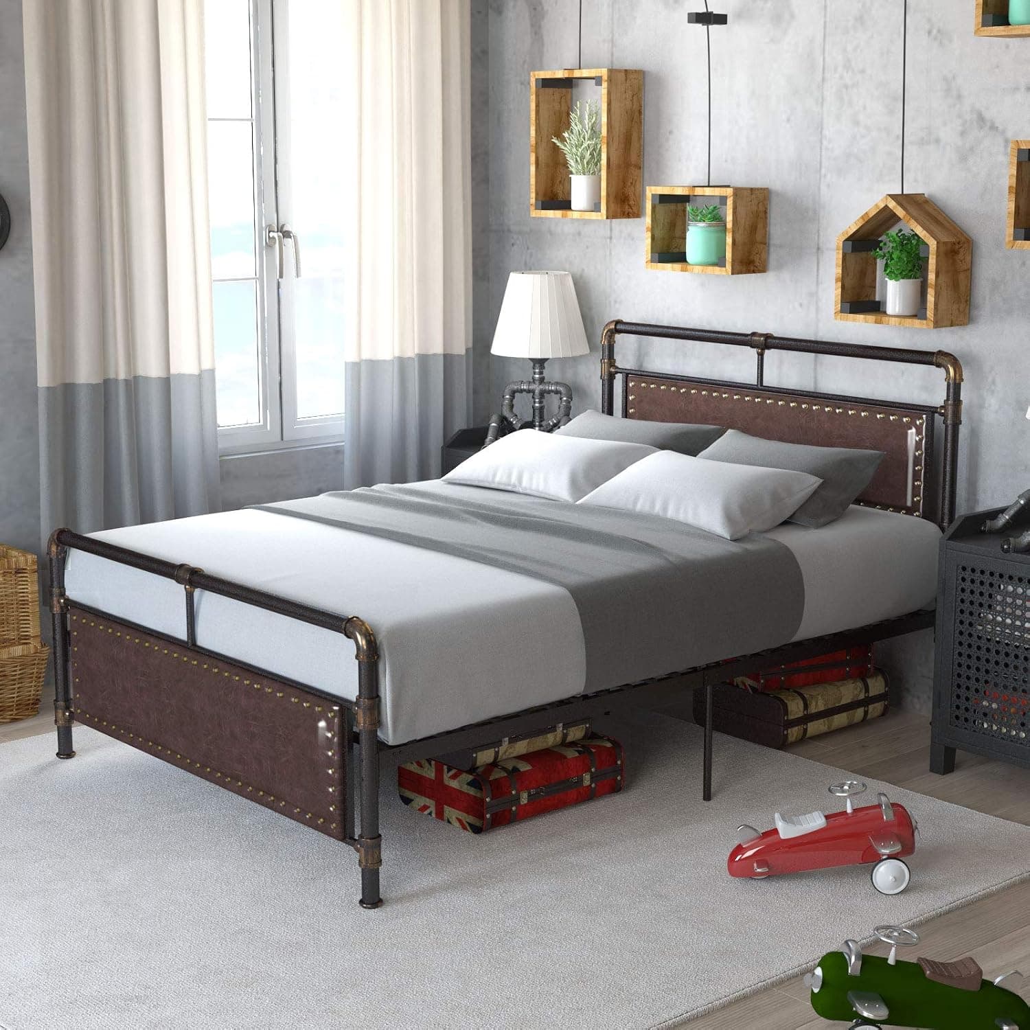 mecor Vintage Metal Queen Bed Frame, Upholstered Faux Leather Nail Head Trim Headboard Footboard, Heavy Duty Steel Slats Support, Industrial Water Pipe Design, Easy Assembly - Queen, Brown