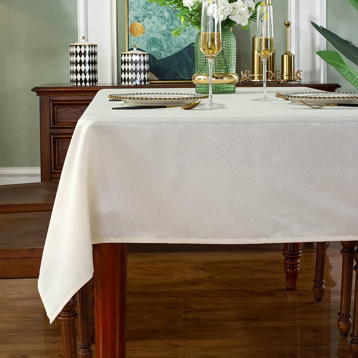Rectangle Tablecloth,Jacquard Wrinkle Free Spill-Proof Washable Polyester Damask Table Cloth for Dining Room Kitchen Party Home Indoor and Outdoor Use,60 x 84 Inch Beige