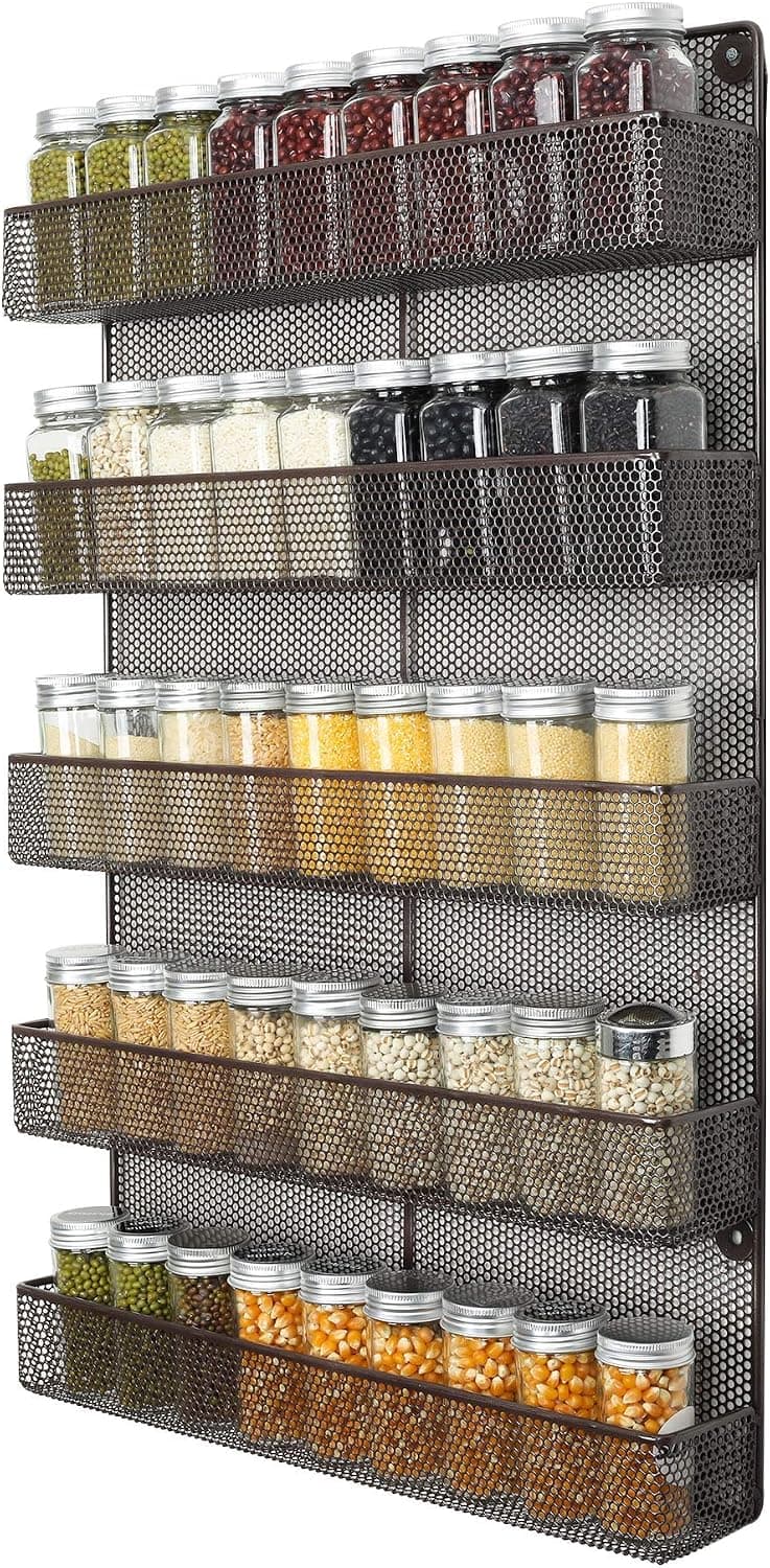 TQVAI 5 Tier Spice Rack Wall Mounted Seasoning Organizer Kitchen Spice Storage Shelf - Made of Sturdy Punching Net, Bronze