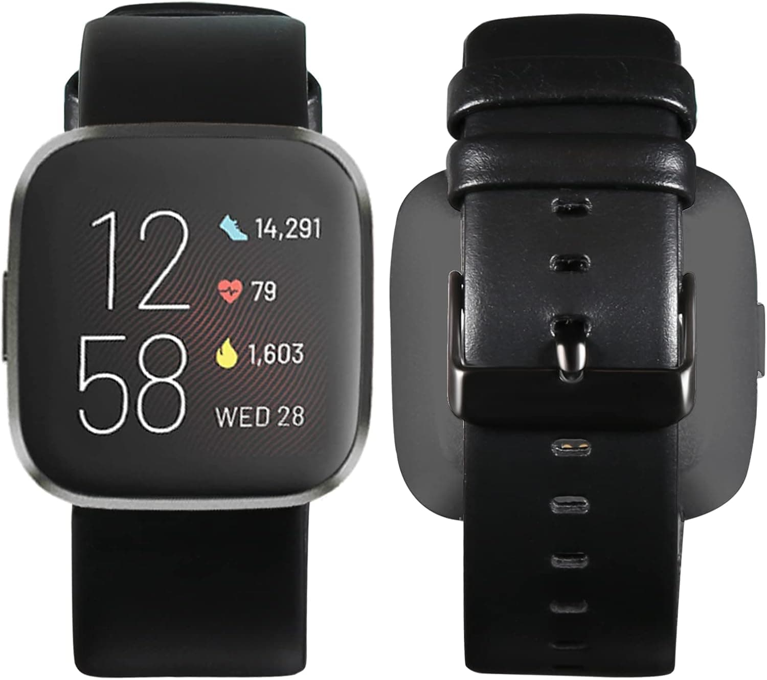 iHillon Compatible for Fitbit Versa 2 Bands/Fitbit Versa Bands for Men Women, Classic Genuine Leather Replacement Straps Compatible for Fitbit Versa Lite Bands Women Men, All Black+Black Buckle, Small