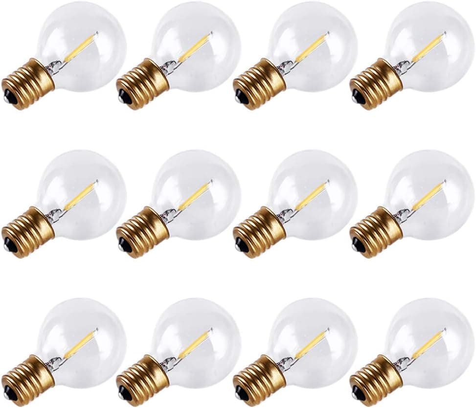 MaoTopCom 12-Pack 0.5W LED Replacement Light Bulbs, E17 Intermediate Base Warm White 2700K Equivalent to 5W 7W Incandescent Bulb, Clear Glass G40 Bulb for Outdoor Indoor Edison String Light, 120V