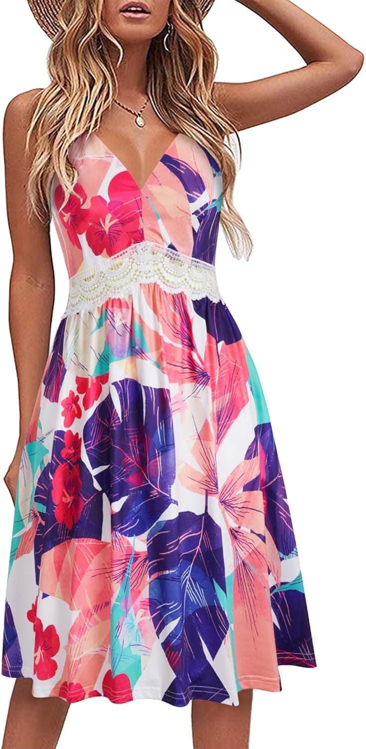 LAISHEN Women's 2023 Summer Beach Dress Floral Spaghetti Strap V Neck Lace Flared Casual Sundress