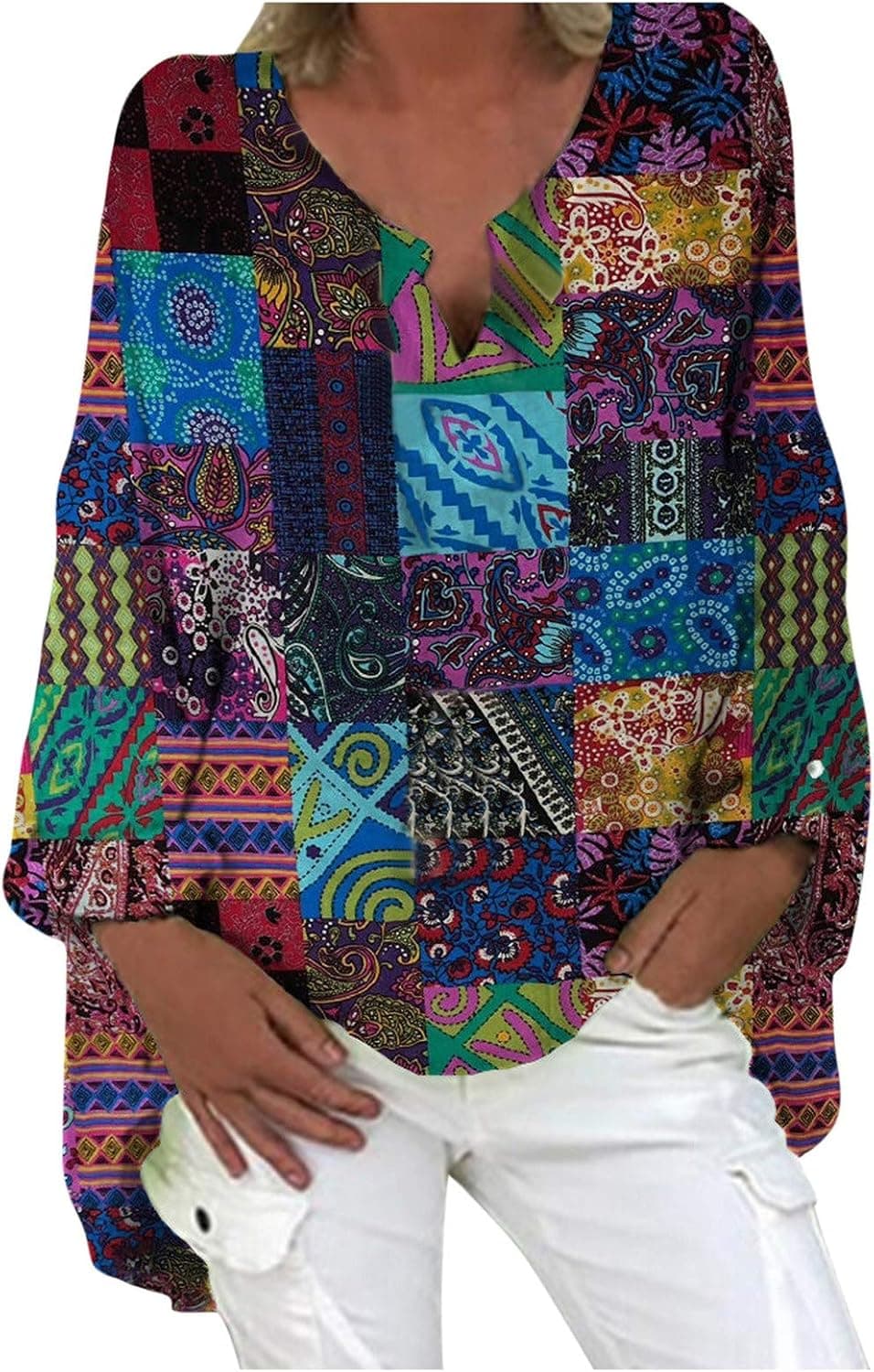 Womens Summer Tops Womens Long Sleeve Blouse Bohemian Printed Tops Puff Sleeve Pullover Geometric Patterns Tshirt