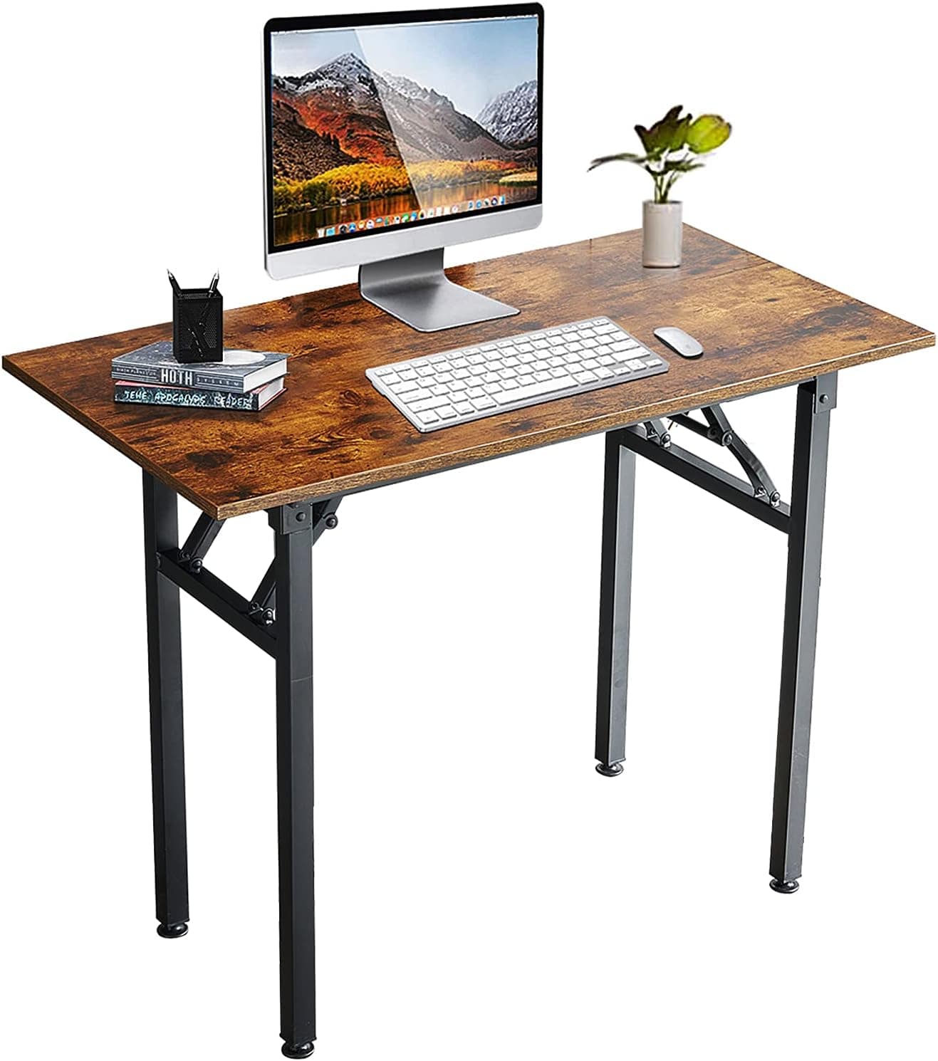 31.5'' Folding Computer Desk, Home Office Writing Desk, Study Table Workstation, Stable Metal Frame, Rustic Brown