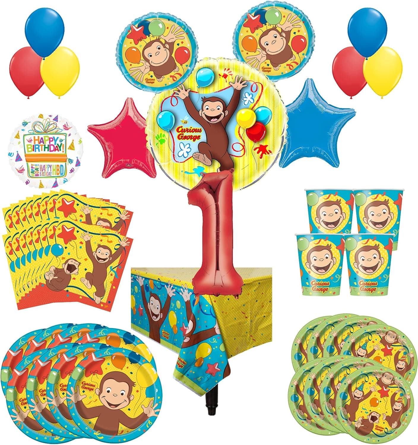 Mayflower Products Curious George Party Supplies 8 Guest Kit 1st Birthday Balloon Bouquet Decorations