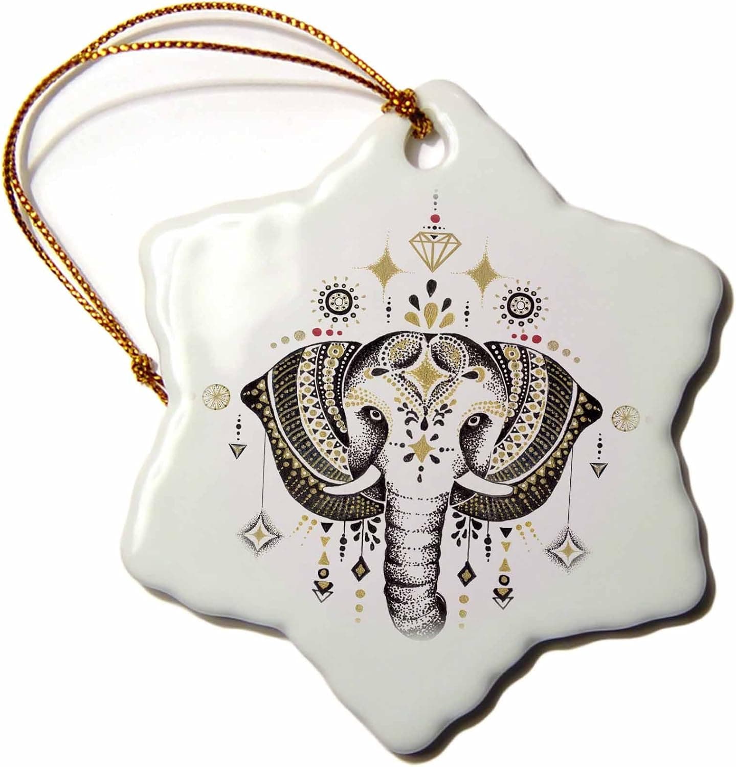 3dRose Decorated Boho Pretty Elephant and Jewels Illustration Snowflake Ornament, 3"