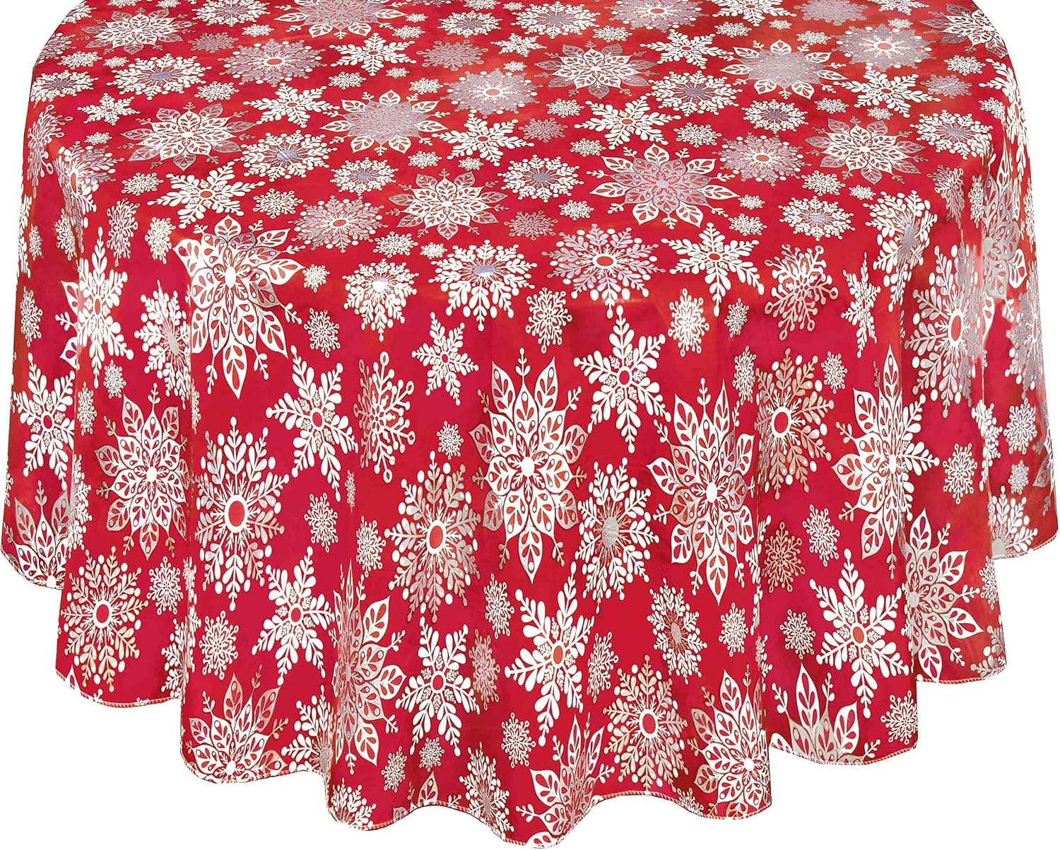Newbridge Winter Sparkle Snowflake Red and Silver Grey Vinyl Flannel Backed Tablecloth - Red Snowflake Print Wipe Clean Easy Care Holiday Tablecloth, 60” x 84” Oval, Red/Silver