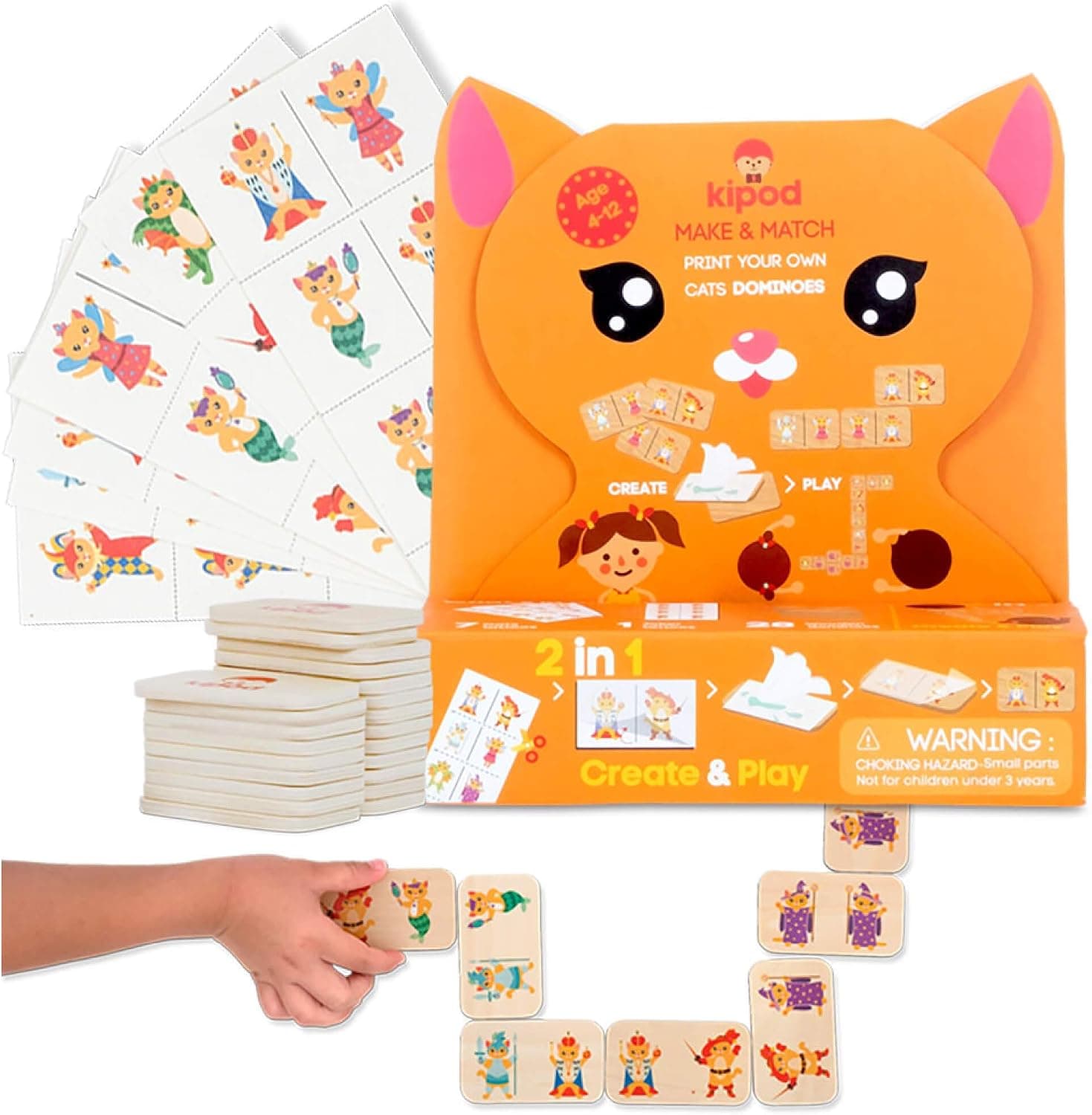Kipod Toys DIY Wooden Cats Dominoes Game - Arts & Crafts kit for Kids Ages 4-12-year-old -Crafts kit for Girls and Boys to Create Their Own Dominoes Set - Unique water tattoos Montessori learning Game