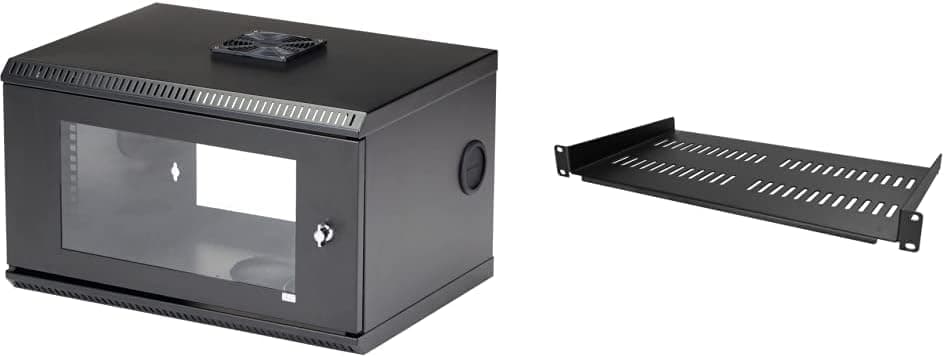 StarTech.com 6U Wall Mount Network Cabinet w/Lockable Door and Fan for 19in Server Room & com 1U Server Rack Shelf - Universal Vented Rack Mount Cantilever Tray