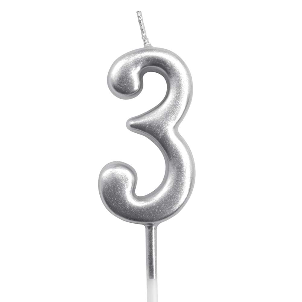 Dollet Silver Birthday Candles Number 3 Cake Topper Decoration Glitter Candle for Party Anniversary