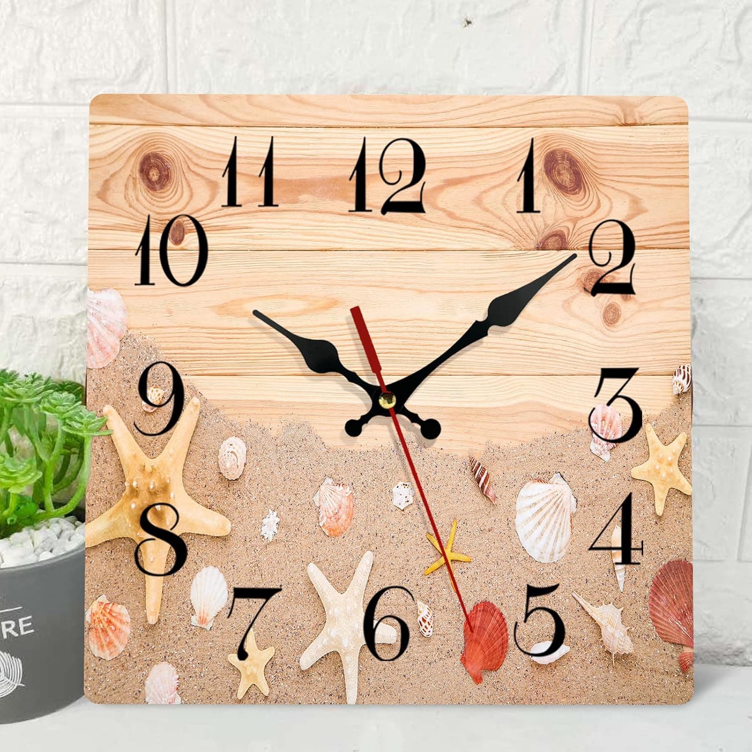 ArtSocket Wooden Wall Clock Silent Non-Ticking, Seashells Starfish Beach Sand Brown Summer Sea Adventure Travel Square Wall Clocks Decor for Home Kitchen Living Room Office(12 Inch)
