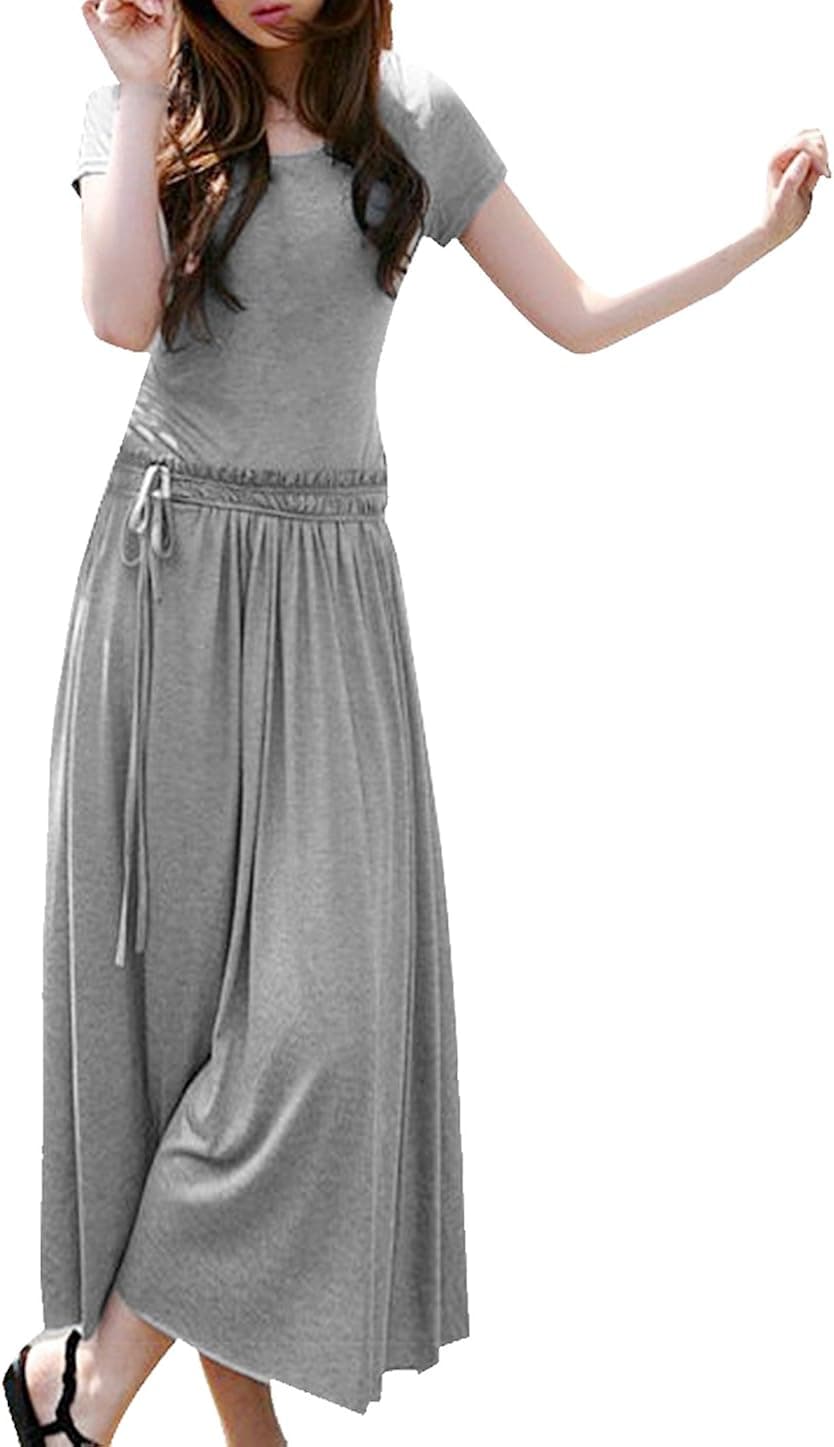 Allegra K Women Scoop Neck Drawstring Mid-Calf Dress Heather Grey S