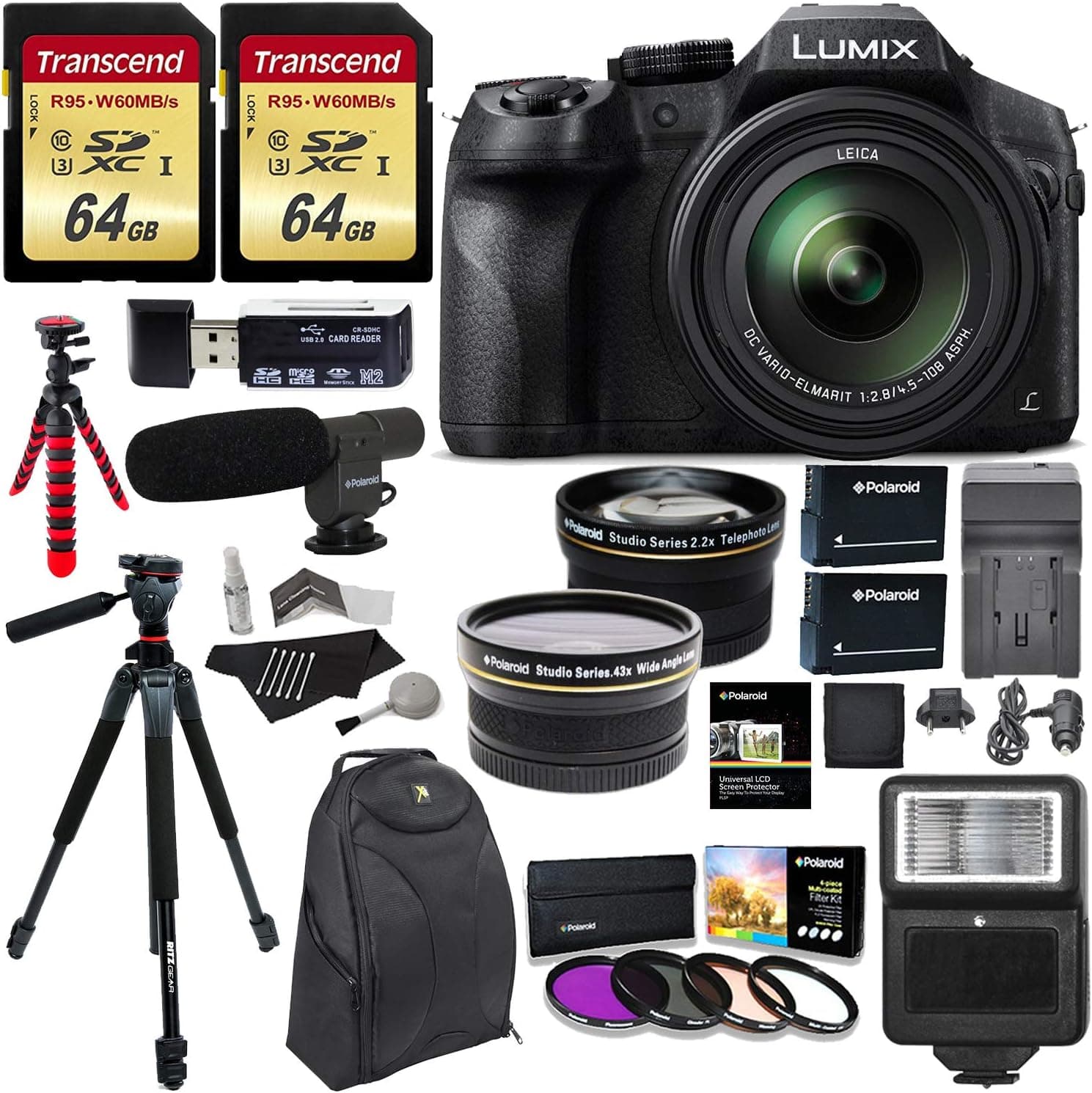 Panasonic FZ300 LUMIX 4K Point & Shoot Camera Leica DC Lens 24X Zoom + Wide Angle & Telephoto Lens + 2 64GB + 60 & 12" Tripod + Flash + Bag + 2 Batteries + Charger + 2 Filters + Polaroid Accessory Kit