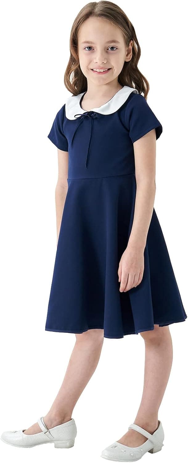 Abbyabbie.Li Girls Short Sleeve Uniform Dresses Casual Peter Pan Collar Fit and Flare Skater Dress 2-12 Years