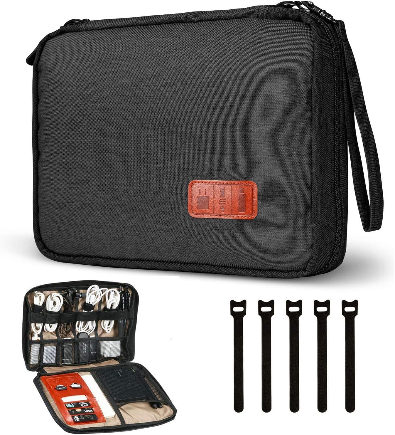 Cable Organizer Bag, Travel Double Layer Electronic Accessories Organizer with 5pcs Cable Ties for Cables, USB Drive Phone Charger Headset Wire SD Card Power Bank and More (Black)