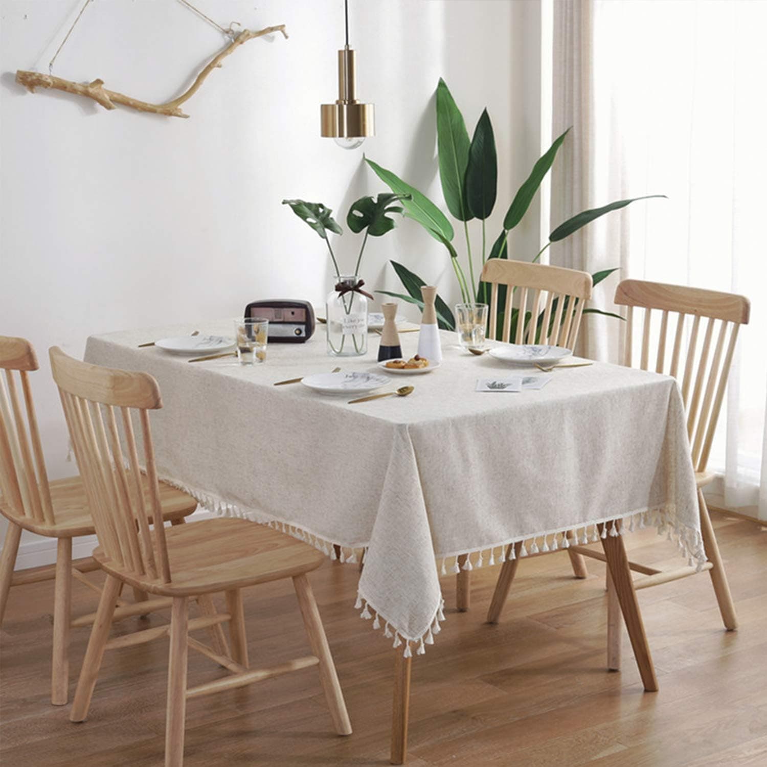 Tenmon Rectangular Lace Cotton Linen Tablecloth, Simple Tablecloth, Used for Kitchen Table Decoration Coffee Table Cover (55 x 71 Inch, Flax)