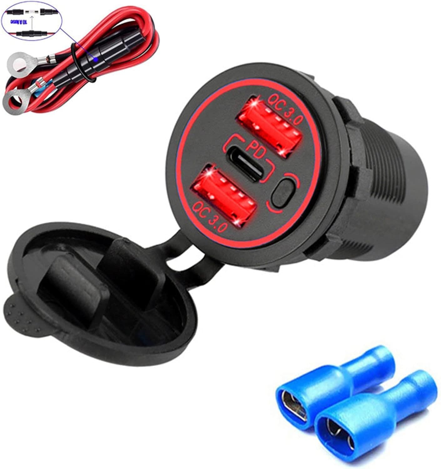 WENLICP 12V USB Outlet Waterproof Power USB C Outlet 30W PD USB-C and Double QC 3.0 USB Ports for RV Boat Car Vehicles Truck Marine(RED)