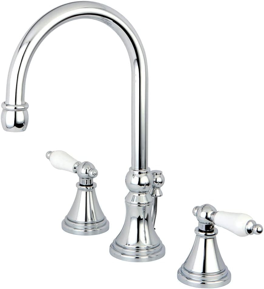 Kingston Brass KS2981PL Governor Widespread Lavatory Faucet with Brass Pop-Up and Porcelain Lever Handle, Polished Chrome