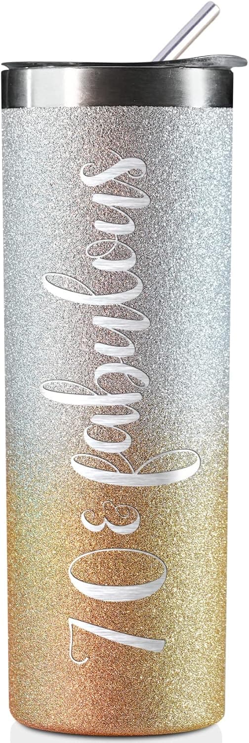 Onebttl 70th Birthday Gifts for Women, 70 & Fabulous, 70th Birthday Decorations Present for Women, 20oz Insulated Stainless Steel Wine Tumbler, Glitter (White and Yellow)
