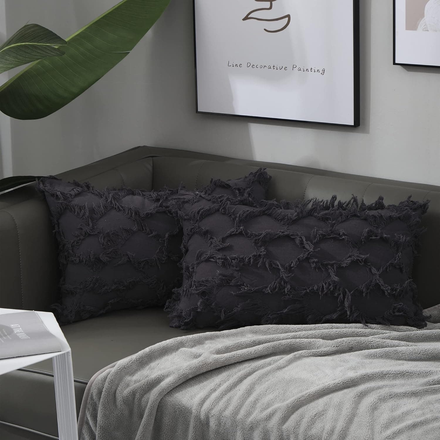 Cotton Linen Grey Throw Pillow Covers 12”x20” Pillowcase Striped Rectangle Cushion Cover for Sofa Bedroom Couch Decorative，Set of 2（Grey 12”x20”）