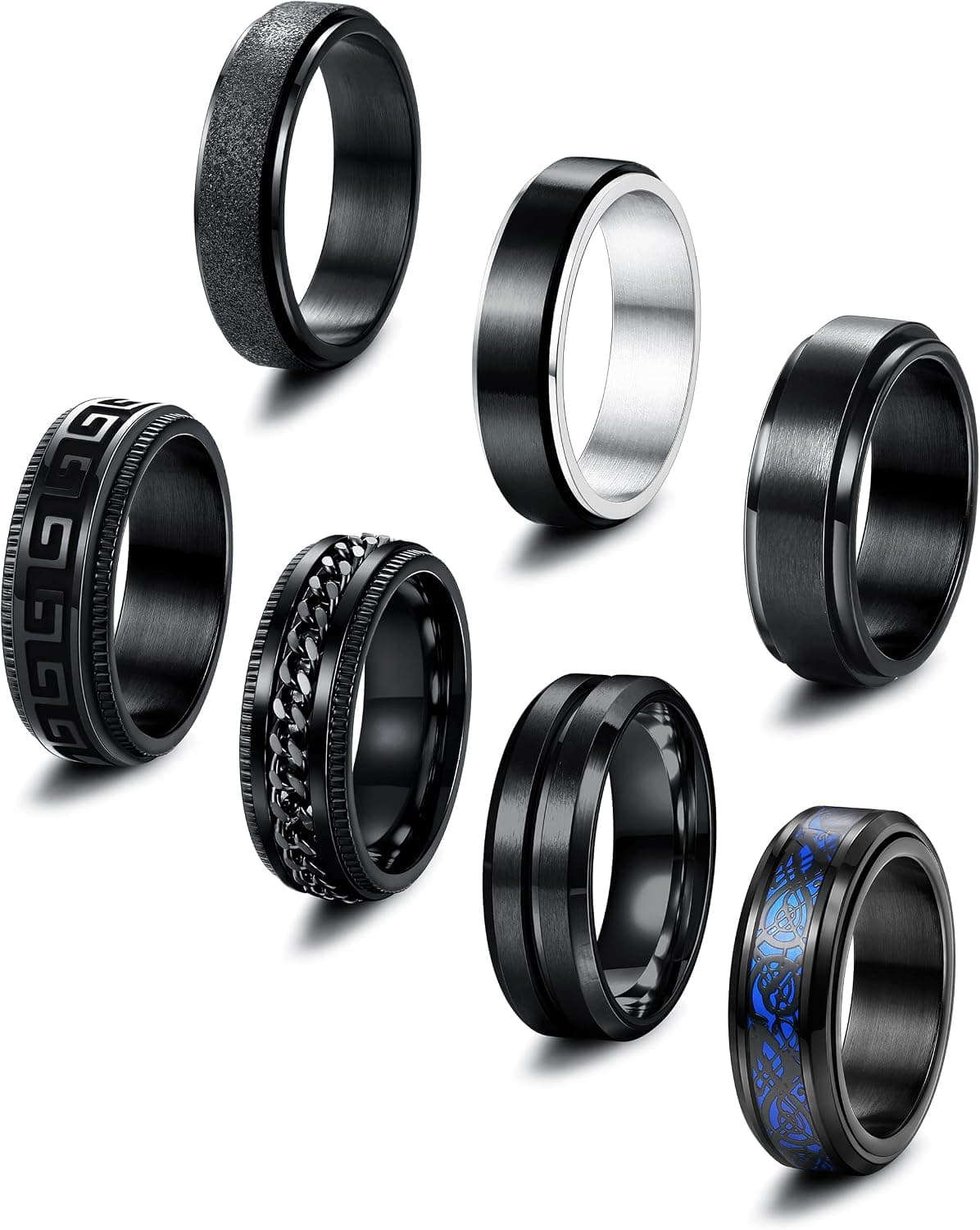 Fansilver 7Pcs Anxiety Fidget Ring Black For Men Stainless Steel Spinner Ring Release Preasure Cool Chain Matte Frosted Band Ring Size 7-13