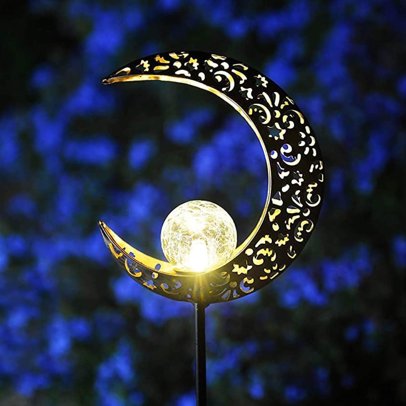 Garden Solar Light Outdoor Decorative, Waterproof Moon Decor Light, Crackle Glass Ball Metal Garden Stake Light for Pathway, Lawn, Patio, Yard (Moon)