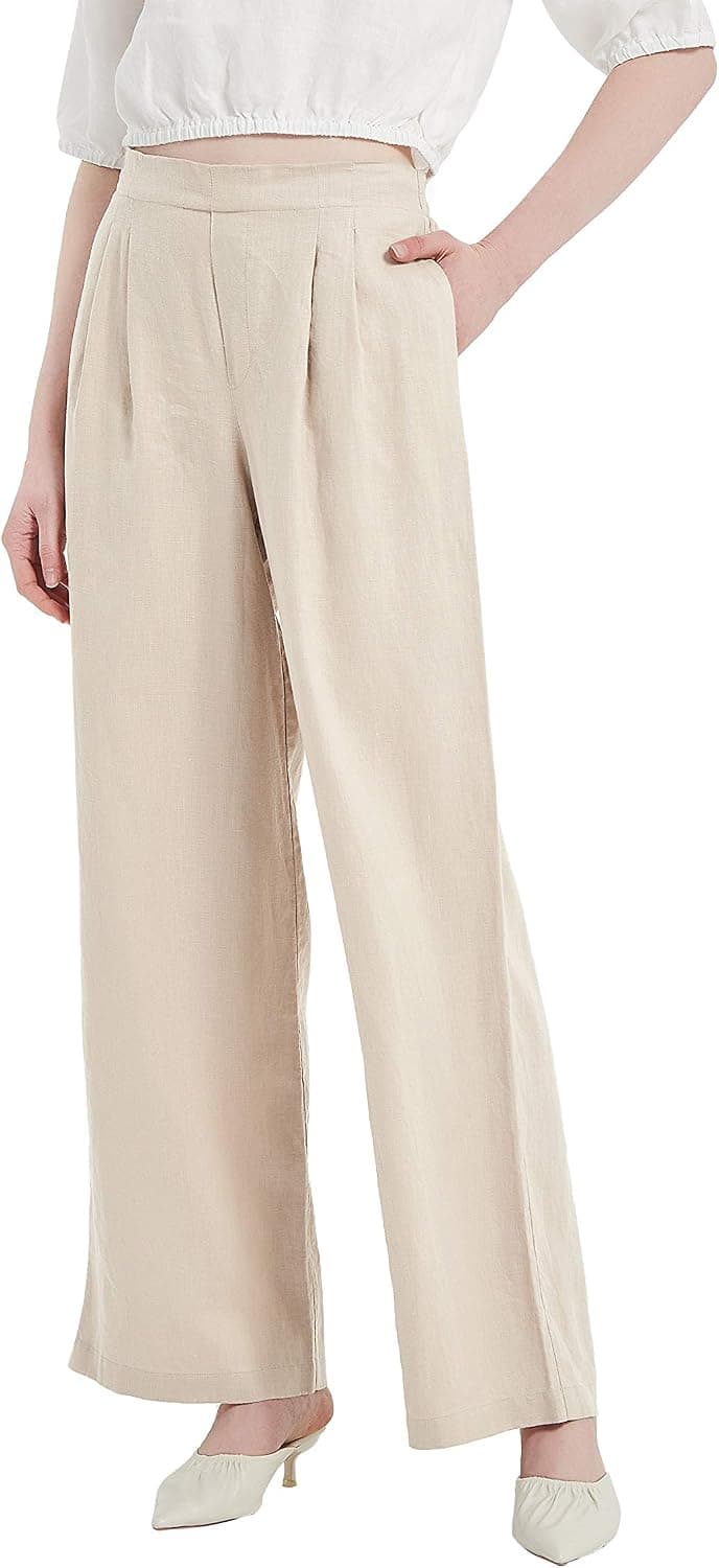 PACIBE Wide Leg Linen Pants for Women, Women's Casual Loose Lounge Pull on Tousers High Waisted with Pockets,Deep Khaki,XL